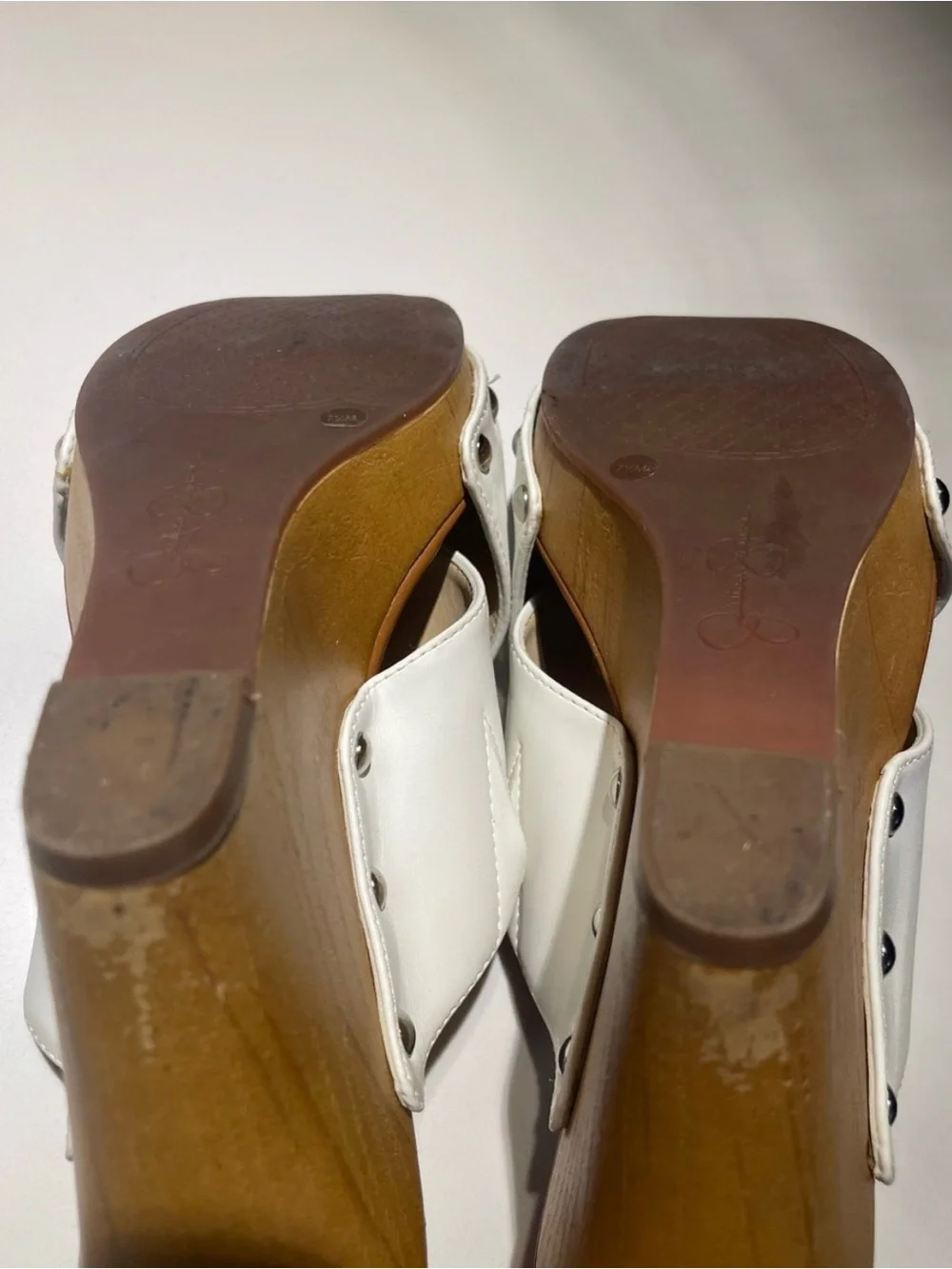 Jessica Simpson White Leather Wedge Slide Sandals with Wood-Look Platform